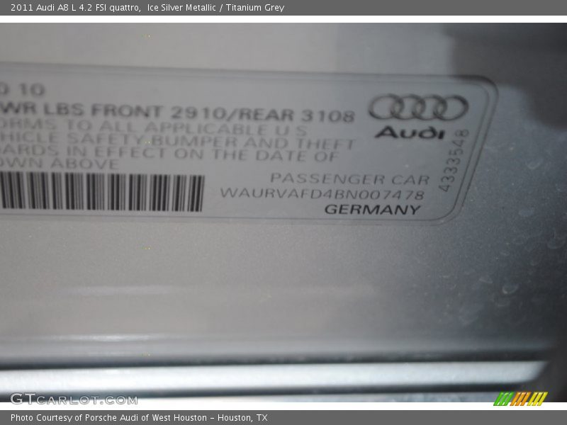 Ice Silver Metallic / Titanium Grey 2011 Audi A8 L 4.2 FSI quattro
