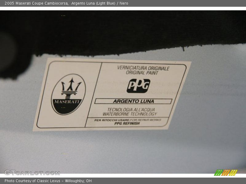 2005 Coupe Cambiocorsa Argento Luna (Light Blue) Color Code Argento Luna