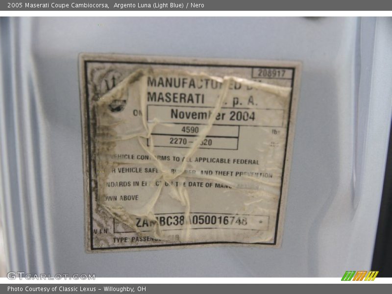 Info Tag of 2005 Coupe Cambiocorsa