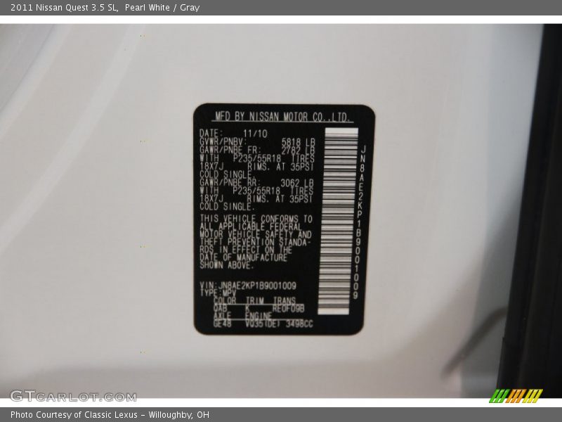 Pearl White / Gray 2011 Nissan Quest 3.5 SL