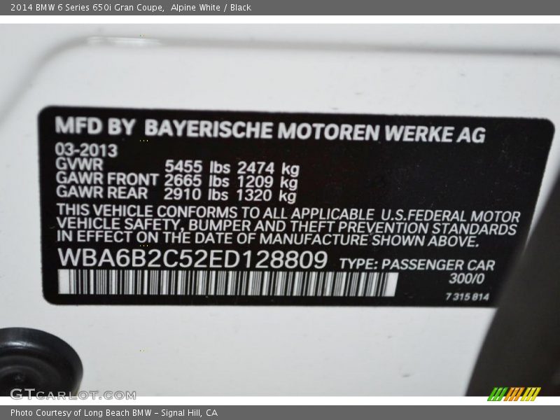 2014 6 Series 650i Gran Coupe Alpine White Color Code 300