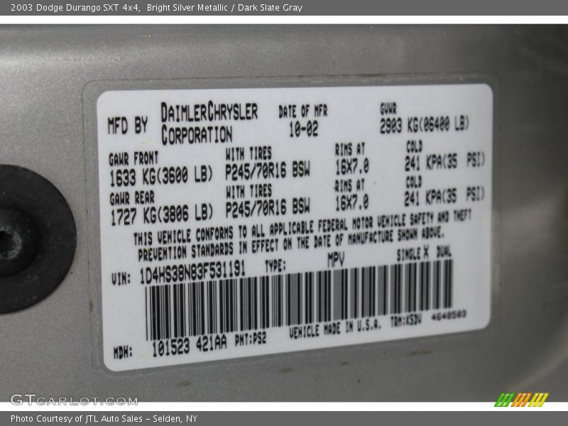 Bright Silver Metallic / Dark Slate Gray 2003 Dodge Durango SXT 4x4