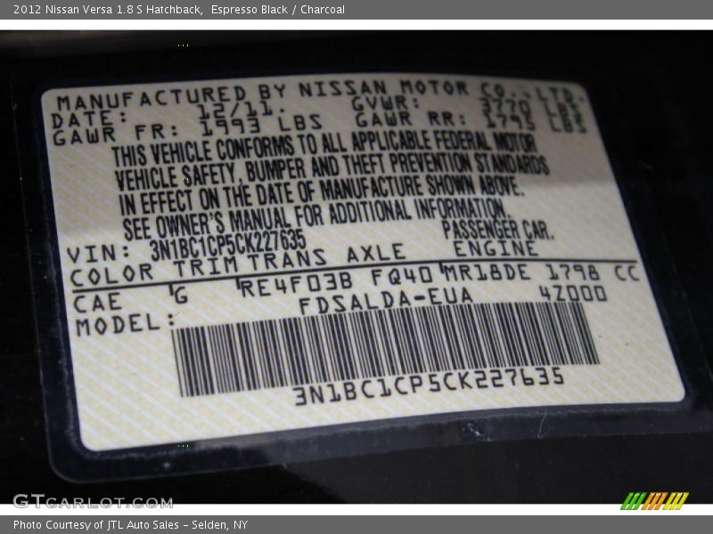 2012 Versa 1.8 S Hatchback Espresso Black Color Code CAE