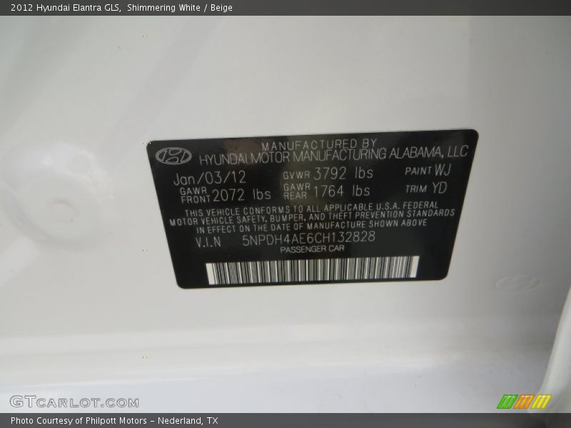 Shimmering White / Beige 2012 Hyundai Elantra GLS