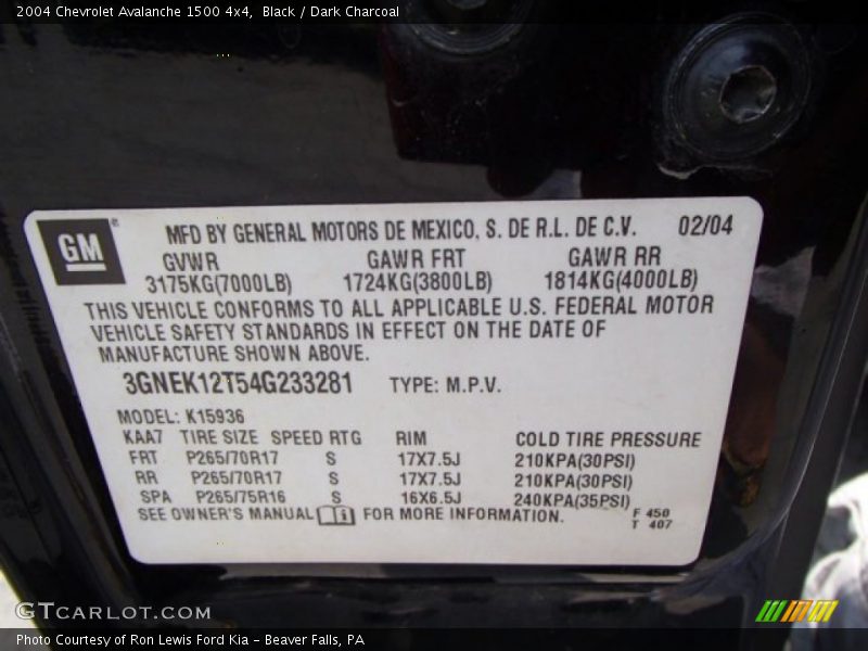 Black / Dark Charcoal 2004 Chevrolet Avalanche 1500 4x4