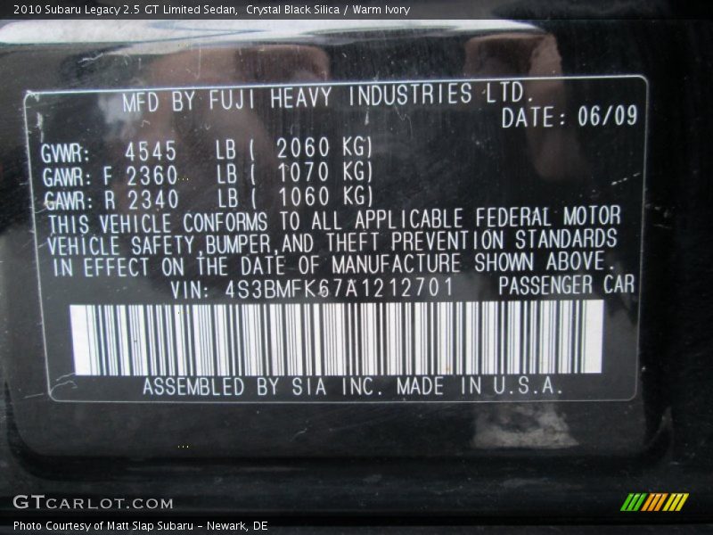 Crystal Black Silica / Warm Ivory 2010 Subaru Legacy 2.5 GT Limited Sedan