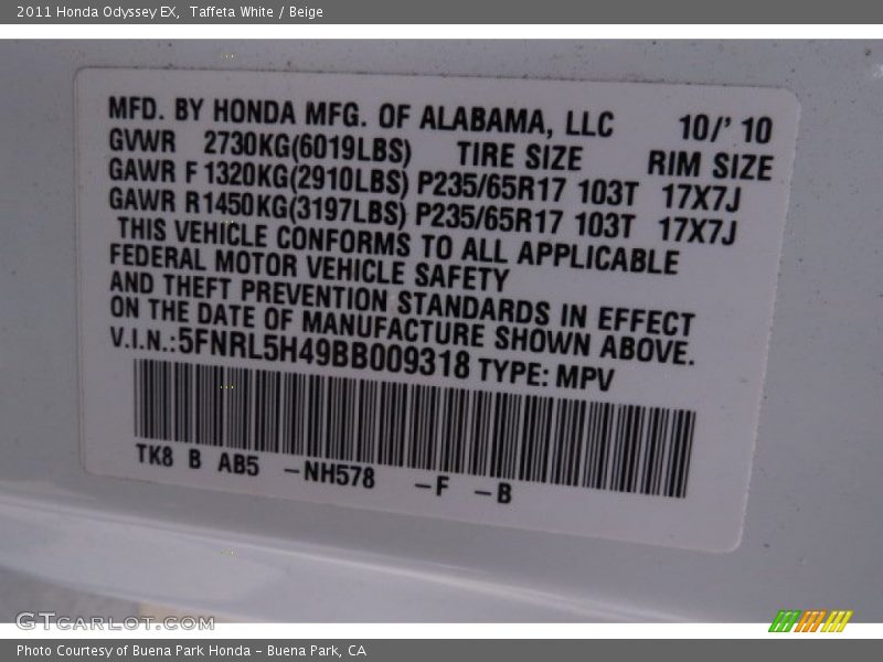 Taffeta White / Beige 2011 Honda Odyssey EX