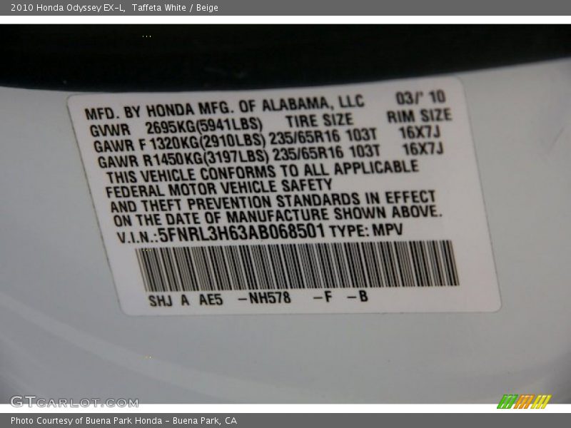 Taffeta White / Beige 2010 Honda Odyssey EX-L