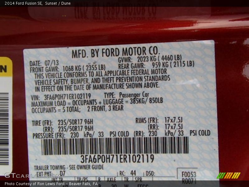 2014 Fusion SE Sunset Color Code D7