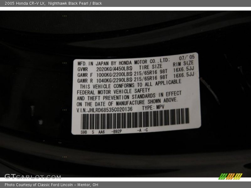 Nighthawk Black Pearl / Black 2005 Honda CR-V LX