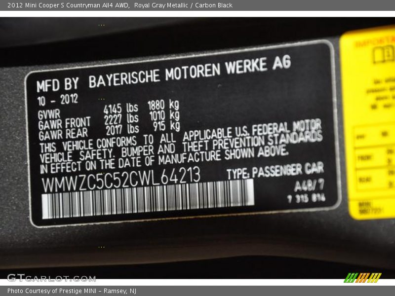 Royal Gray Metallic / Carbon Black 2012 Mini Cooper S Countryman All4 AWD