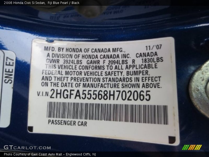 Fiji Blue Pearl / Black 2008 Honda Civic Si Sedan