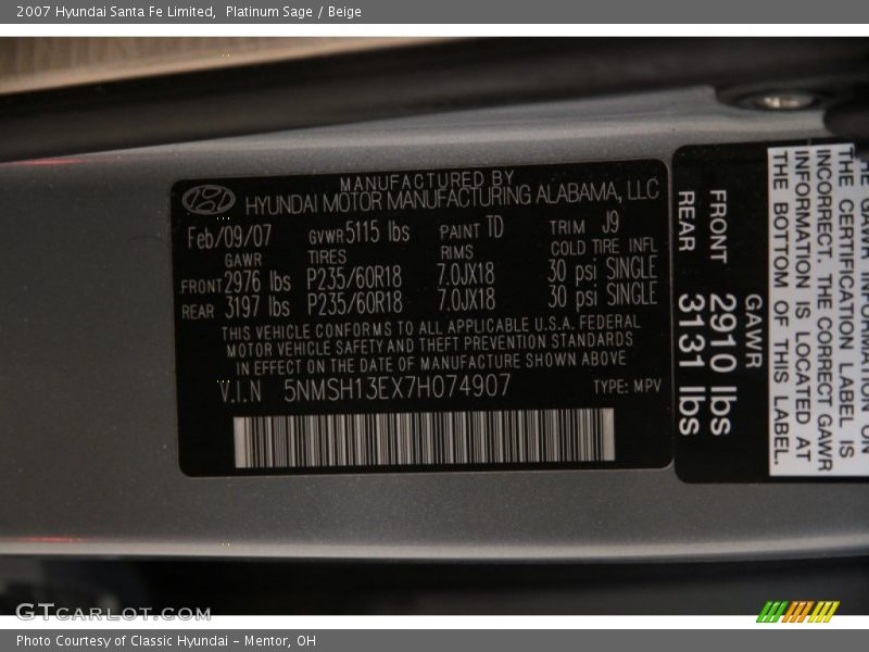 2007 Santa Fe Limited Platinum Sage Color Code TD