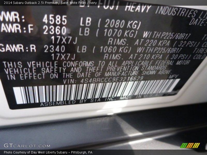 Satin White Pearl / Ivory 2014 Subaru Outback 2.5i Premium