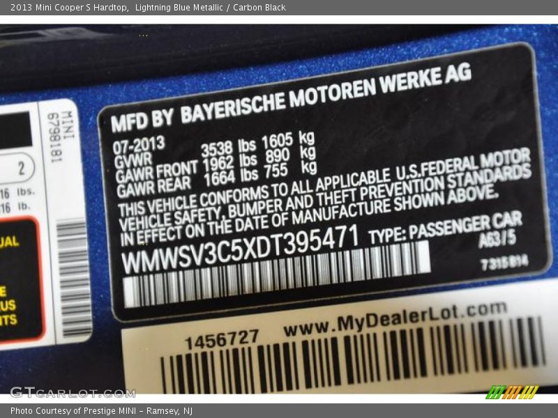Lightning Blue Metallic / Carbon Black 2013 Mini Cooper S Hardtop