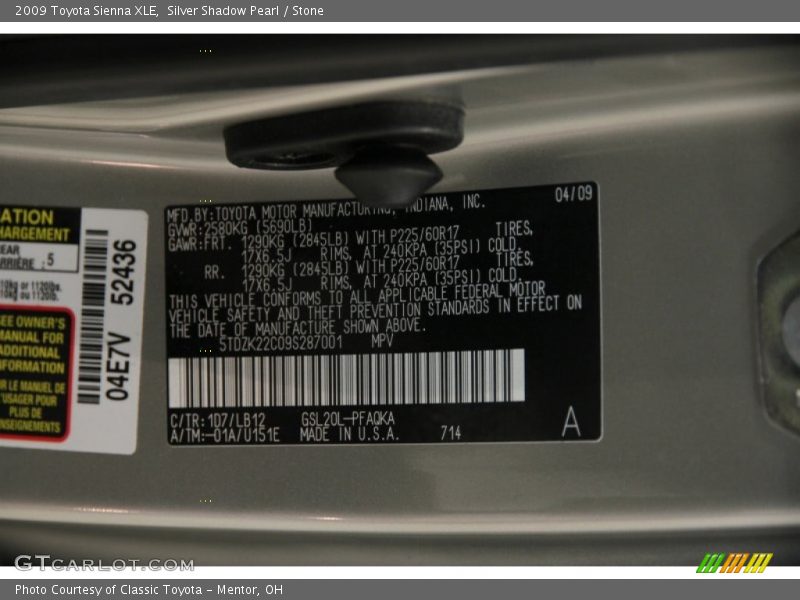 Silver Shadow Pearl / Stone 2009 Toyota Sienna XLE