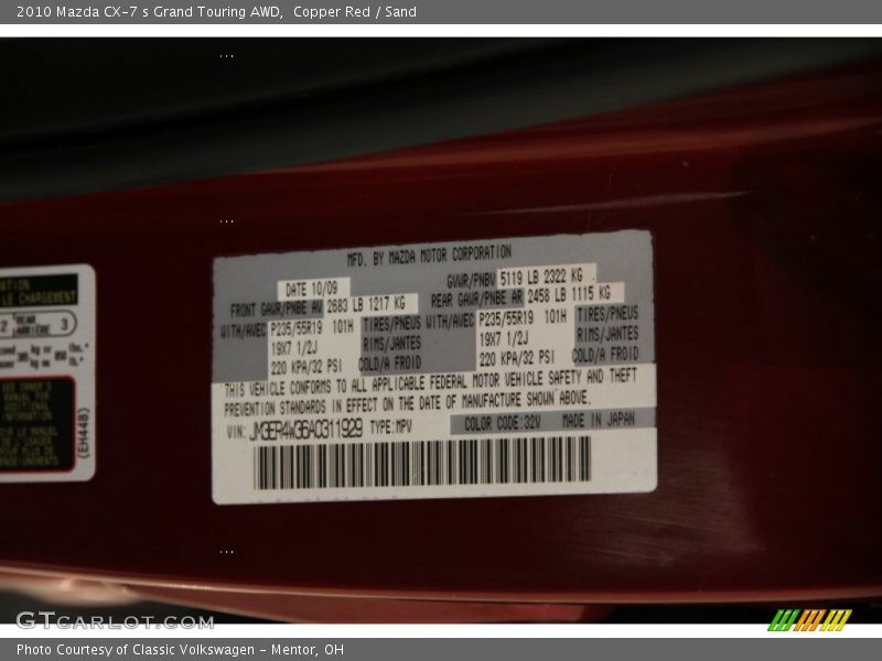 2010 CX-7 s Grand Touring AWD Copper Red Color Code 32V