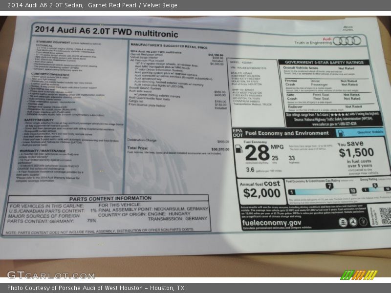  2014 A6 2.0T Sedan Window Sticker