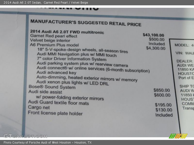  2014 A6 2.0T Sedan Window Sticker