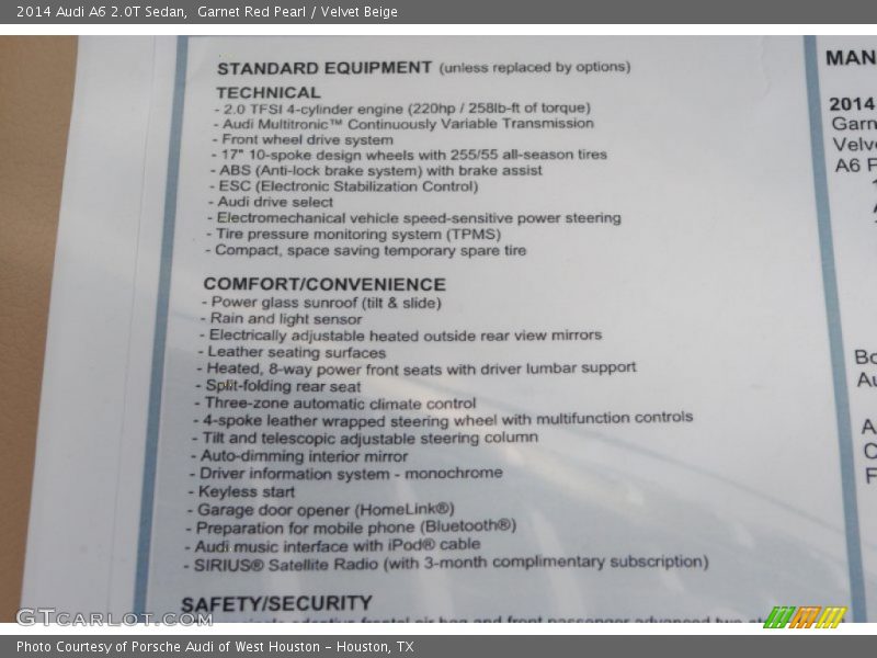  2014 A6 2.0T Sedan Window Sticker