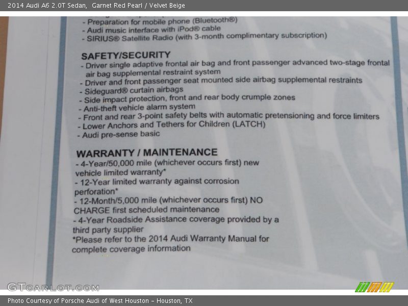  2014 A6 2.0T Sedan Window Sticker