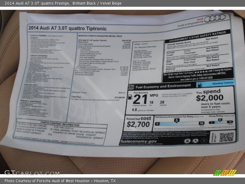  2014 A7 3.0T quattro Prestige Window Sticker