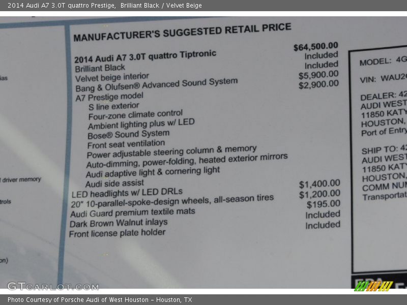  2014 A7 3.0T quattro Prestige Window Sticker