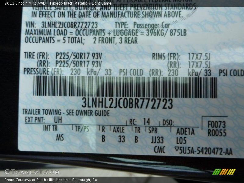Tuxedo Black Metallic / Light Camel 2011 Lincoln MKZ AWD