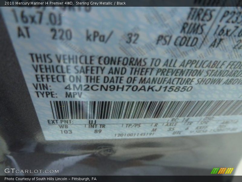 Sterling Grey Metallic / Black 2010 Mercury Mariner I4 Premier 4WD