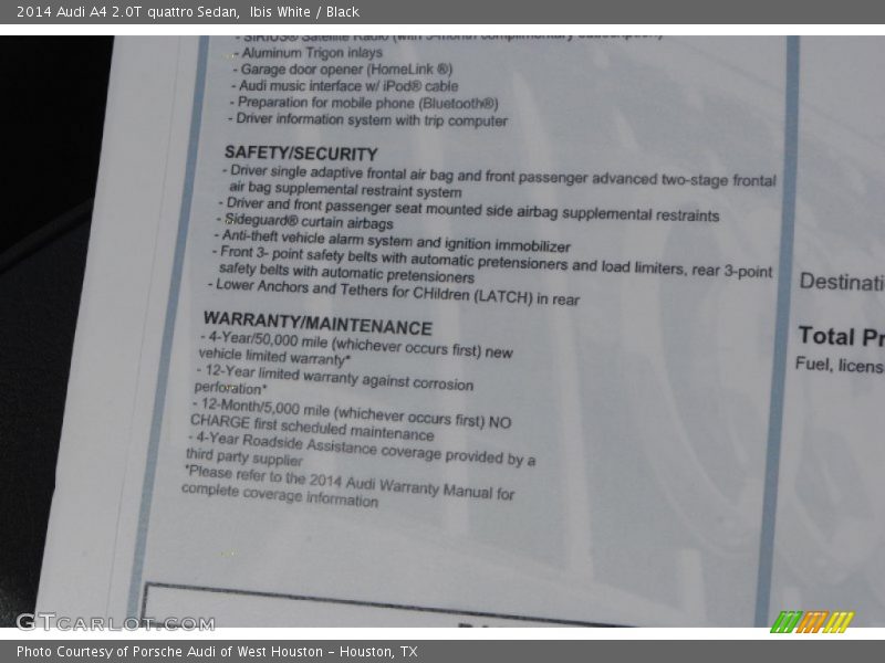  2014 A4 2.0T quattro Sedan Window Sticker