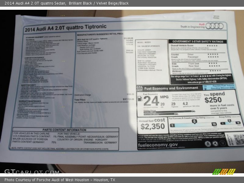  2014 A4 2.0T quattro Sedan Window Sticker