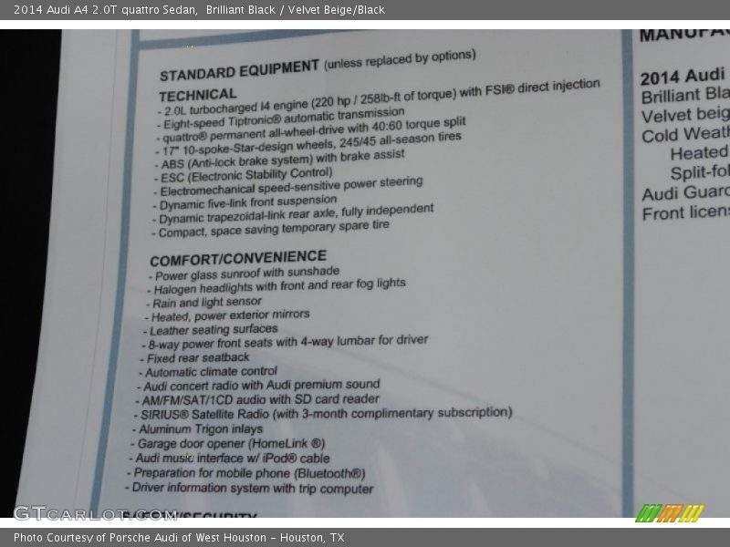  2014 A4 2.0T quattro Sedan Window Sticker