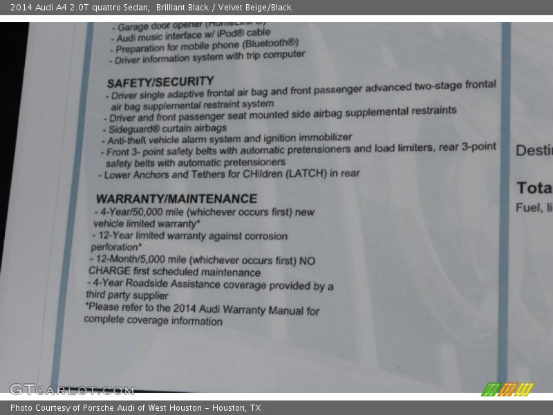  2014 A4 2.0T quattro Sedan Window Sticker