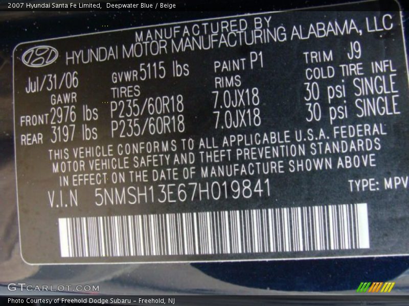 2007 Santa Fe Limited Deepwater Blue Color Code P1