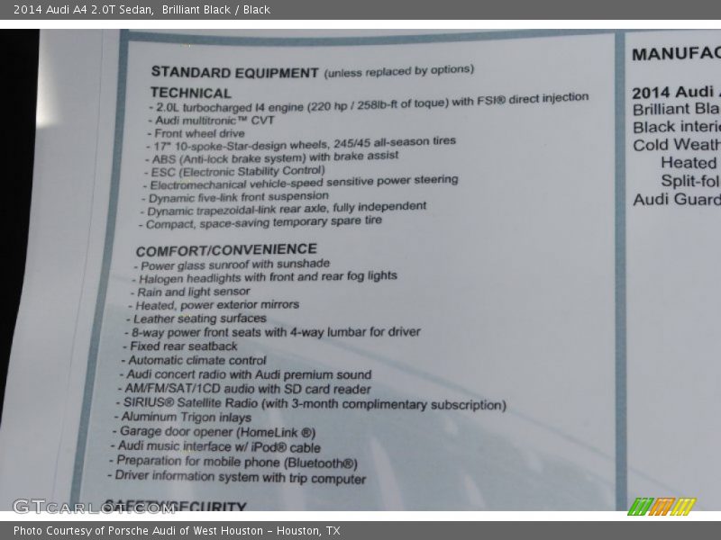  2014 A4 2.0T Sedan Window Sticker