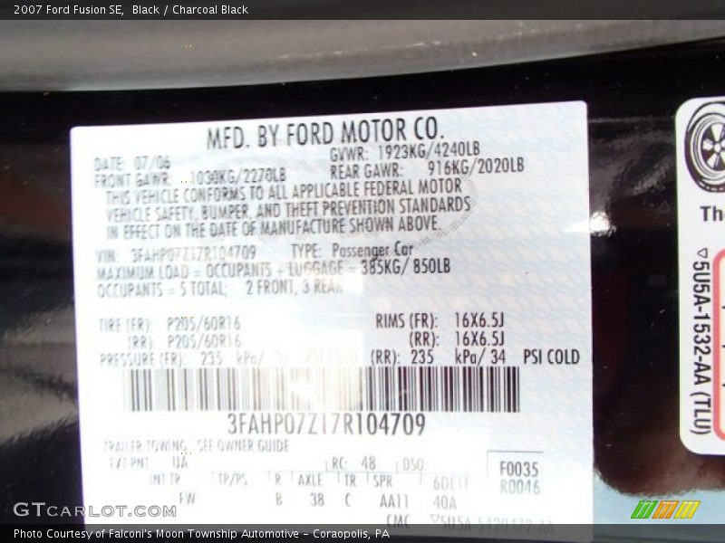 Black / Charcoal Black 2007 Ford Fusion SE