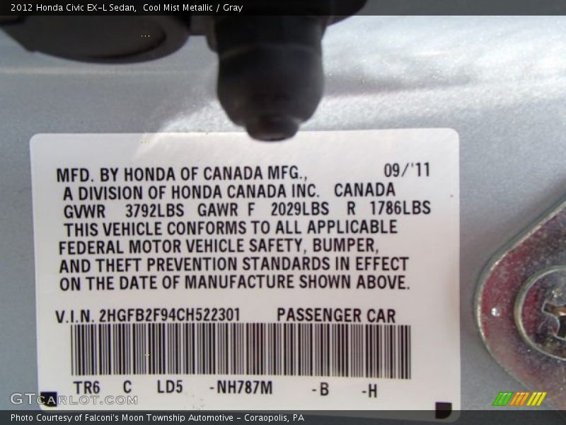 Cool Mist Metallic / Gray 2012 Honda Civic EX-L Sedan