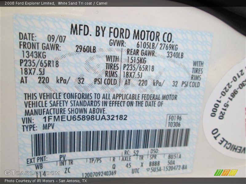 2008 Explorer Limited White Sand Tri coat Color Code PV