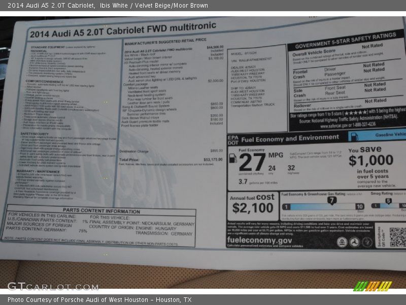  2014 A5 2.0T Cabriolet Window Sticker