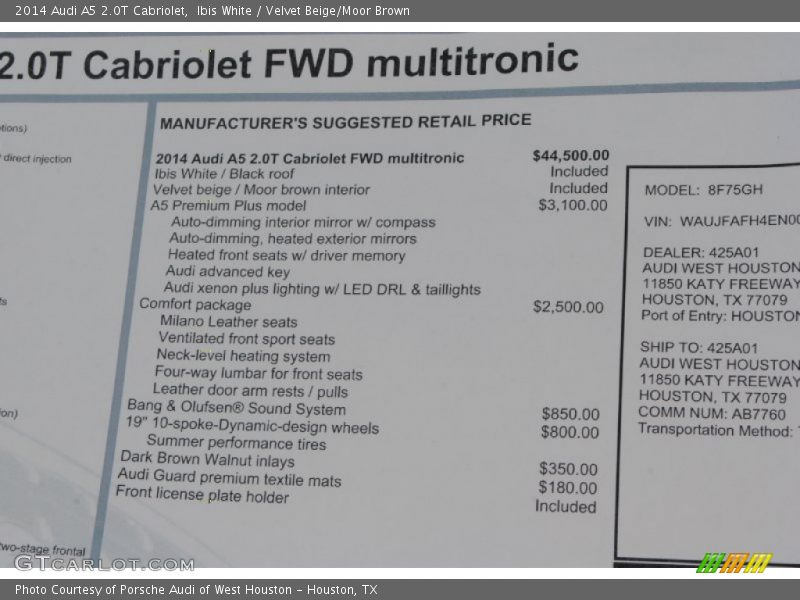  2014 A5 2.0T Cabriolet Window Sticker