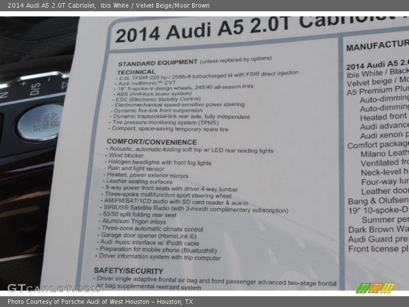  2014 A5 2.0T Cabriolet Window Sticker