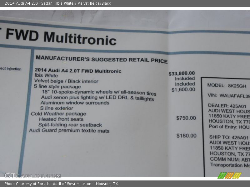  2014 A4 2.0T Sedan Window Sticker