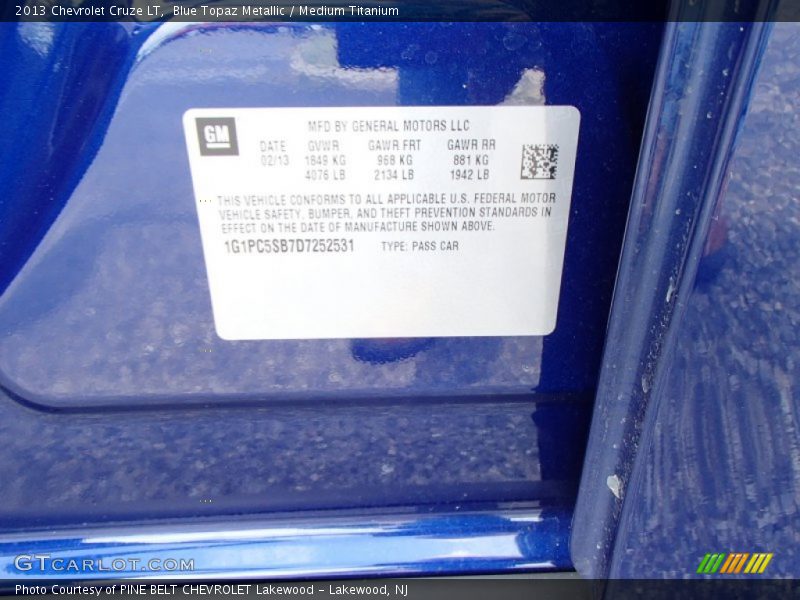 Blue Topaz Metallic / Medium Titanium 2013 Chevrolet Cruze LT