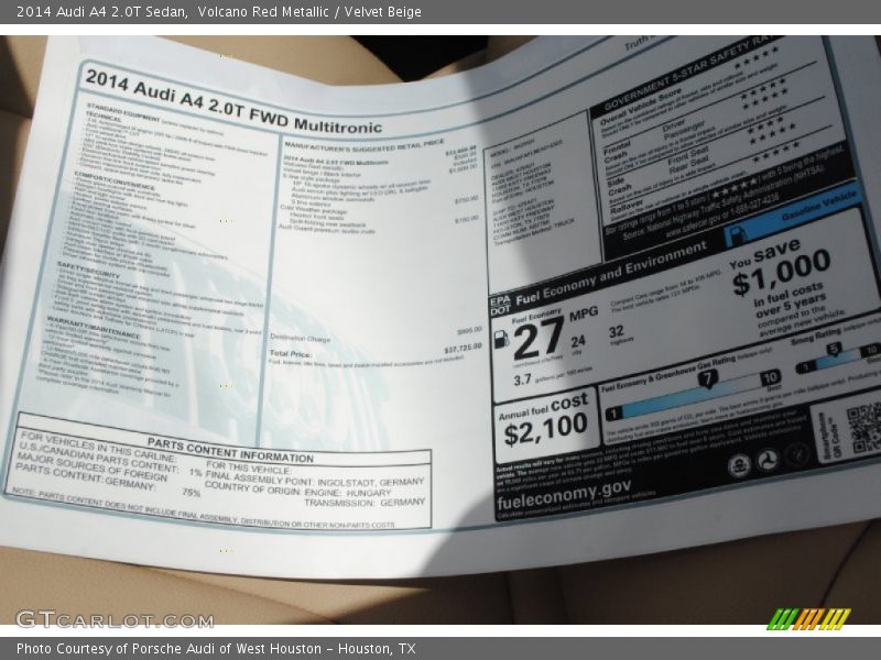 2014 A4 2.0T Sedan Window Sticker