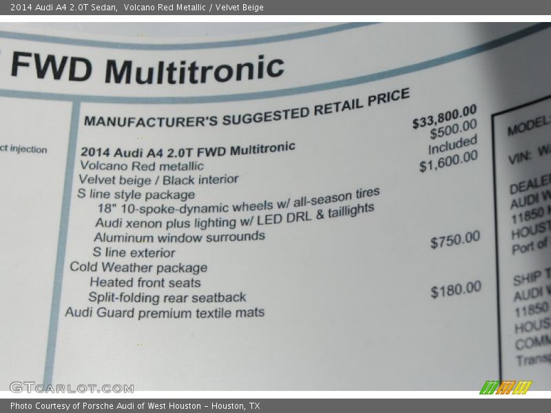  2014 A4 2.0T Sedan Window Sticker