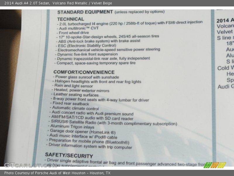  2014 A4 2.0T Sedan Window Sticker