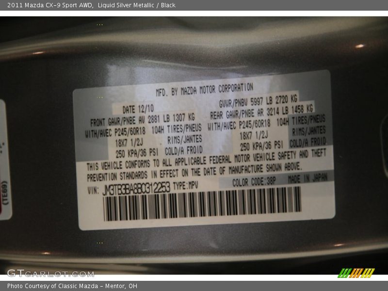 2011 CX-9 Sport AWD Liquid Silver Metallic Color Code 38P