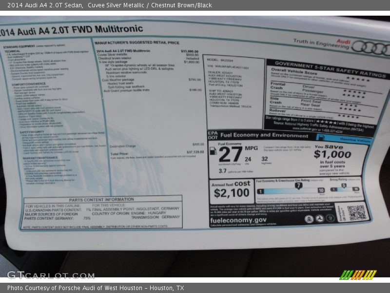  2014 A4 2.0T Sedan Window Sticker