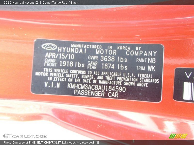 Tango Red / Black 2010 Hyundai Accent GS 3 Door