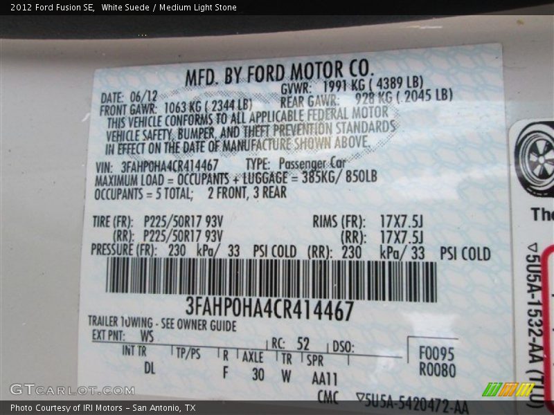 White Suede / Medium Light Stone 2012 Ford Fusion SE
